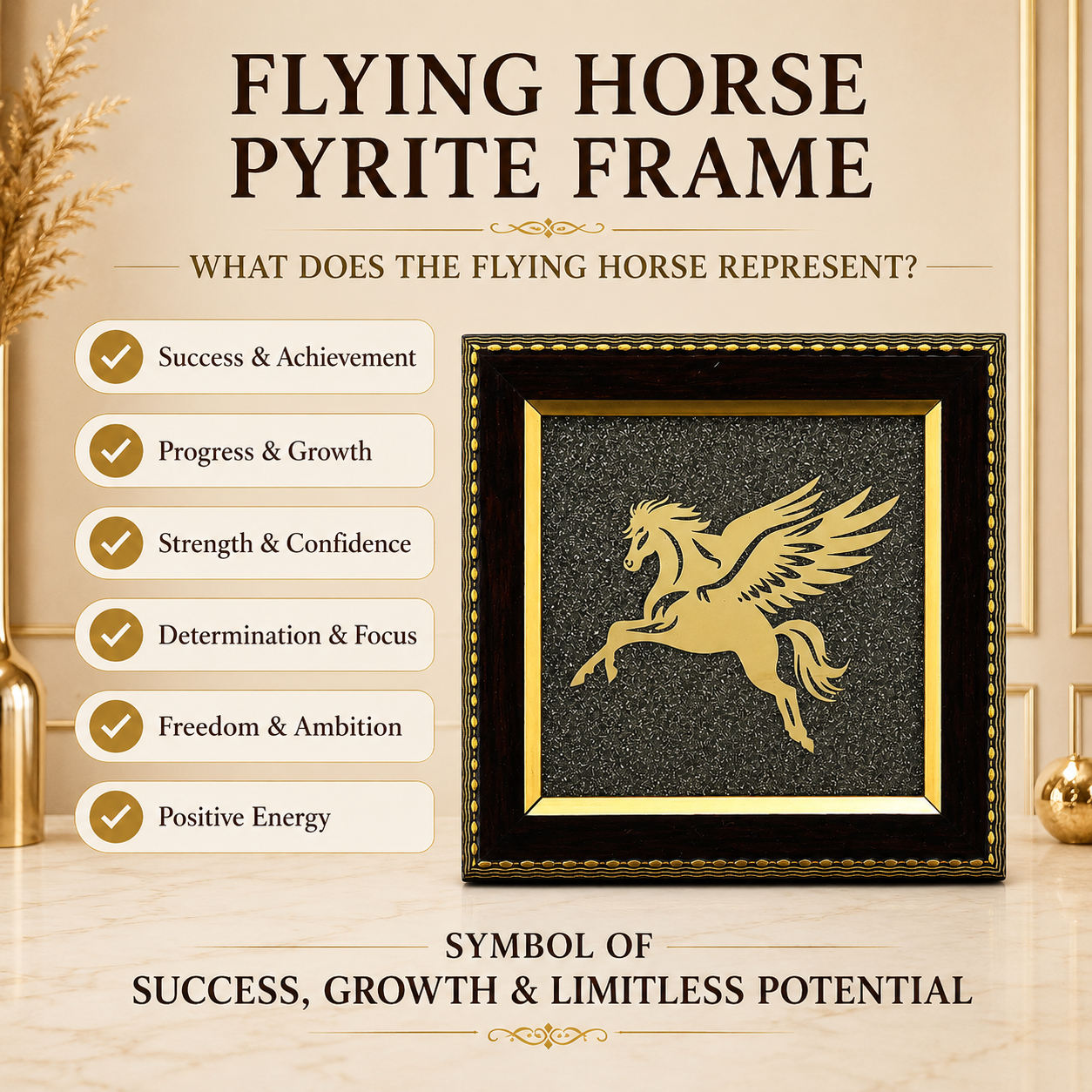 Natural Pyrite Flying Horse Frame | Pegasus Symbol Wall Décor | Handcrafted Decorative Frame for Home & Office