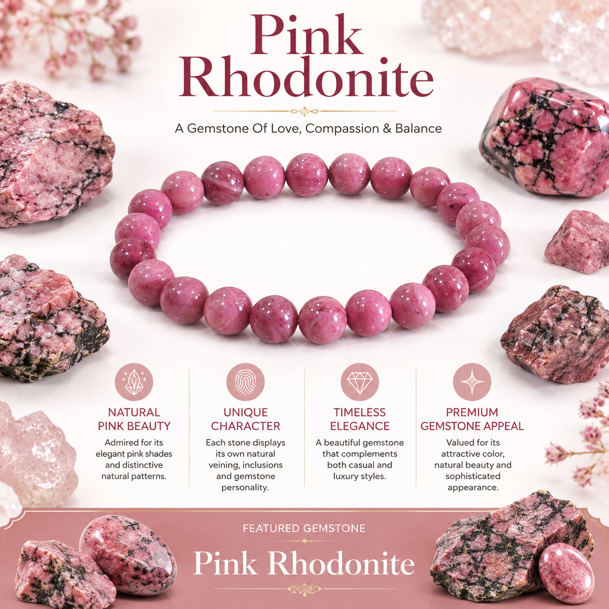 Natural Pink Rhodonite Bracelet – Love, Emotional Balance & Compassion Bracelet