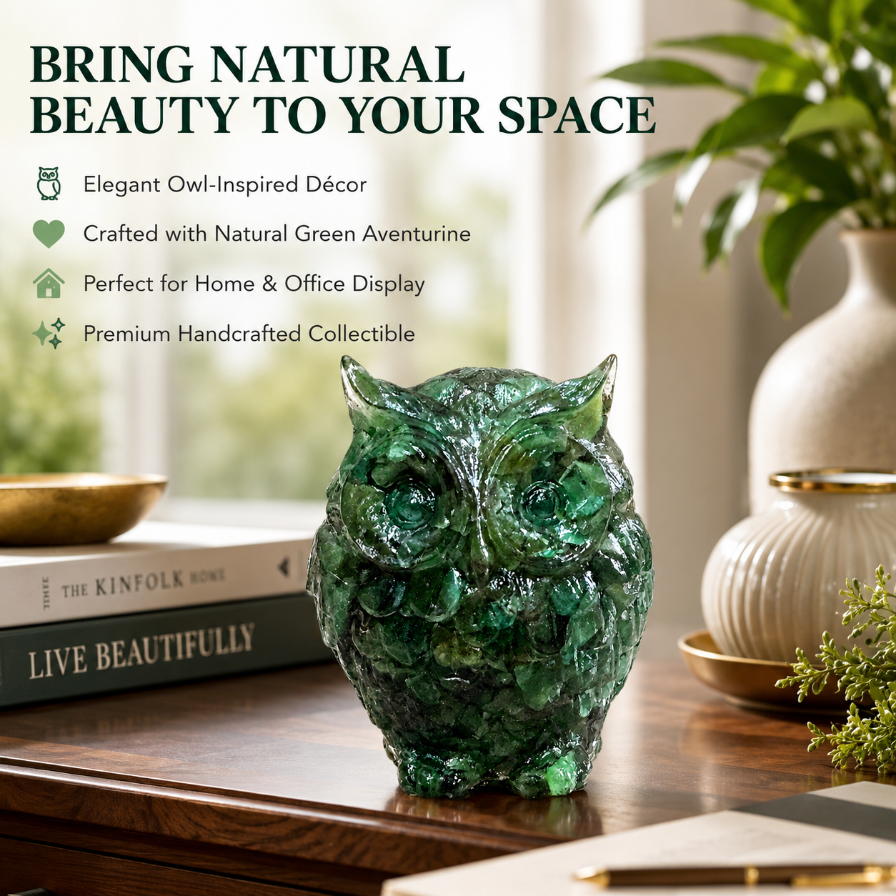 Natural Green Aventurine Owl – Handcrafted Crystal Owl