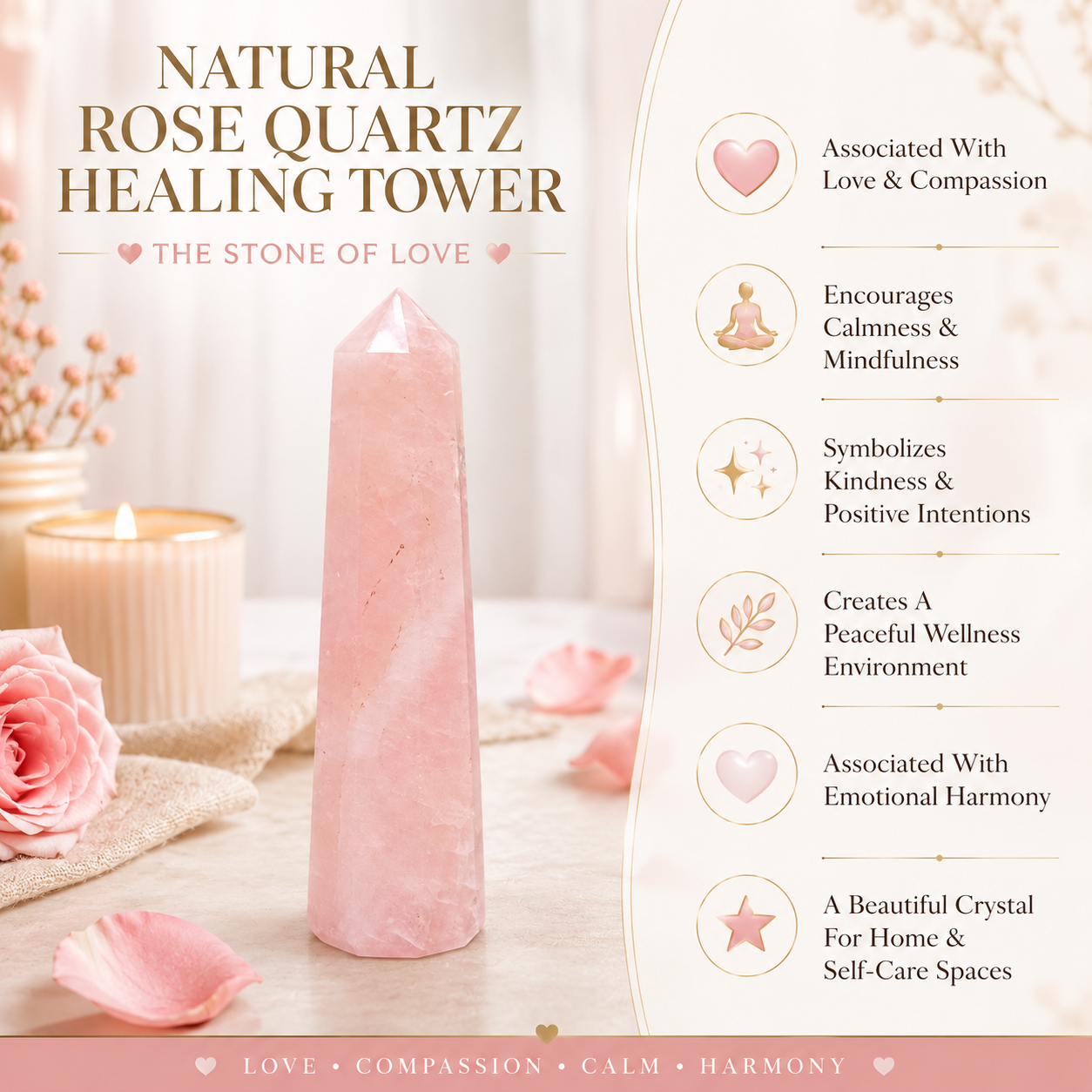 Natural Rose Quartz Healing Tower | Premium Polished Rose Quartz Crystal Point | Love, Harmony & Meditation Crystal