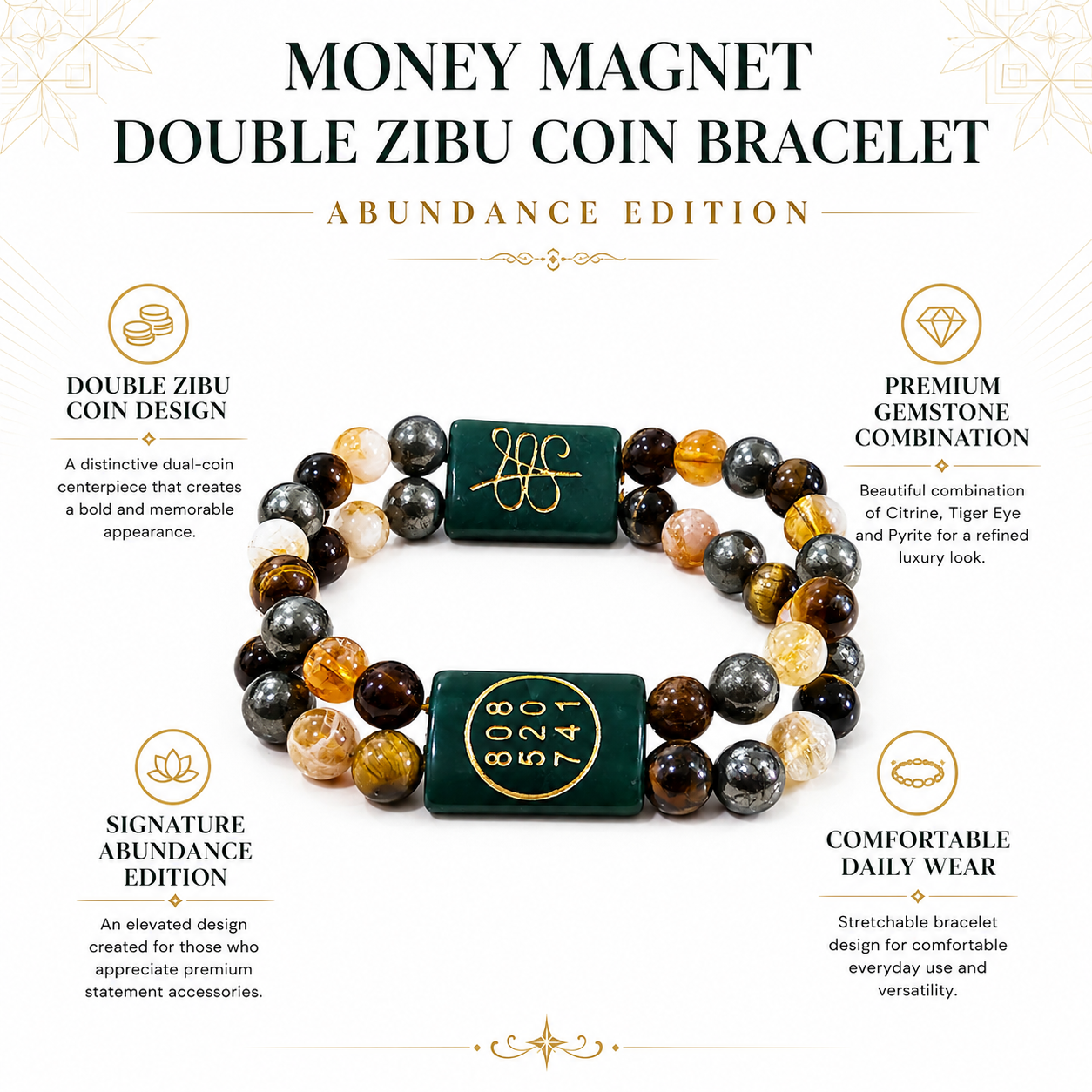 Money Magnet Double Zibu Coin Bracelet – Abundance Edition with Citrine, Tiger Eye & Pyrite