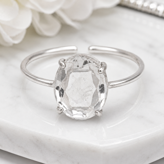 Natural Clear Quartz Adjustable Ring | Handmade Crystal Gemstone Ring | Healing Crystal Jewelry