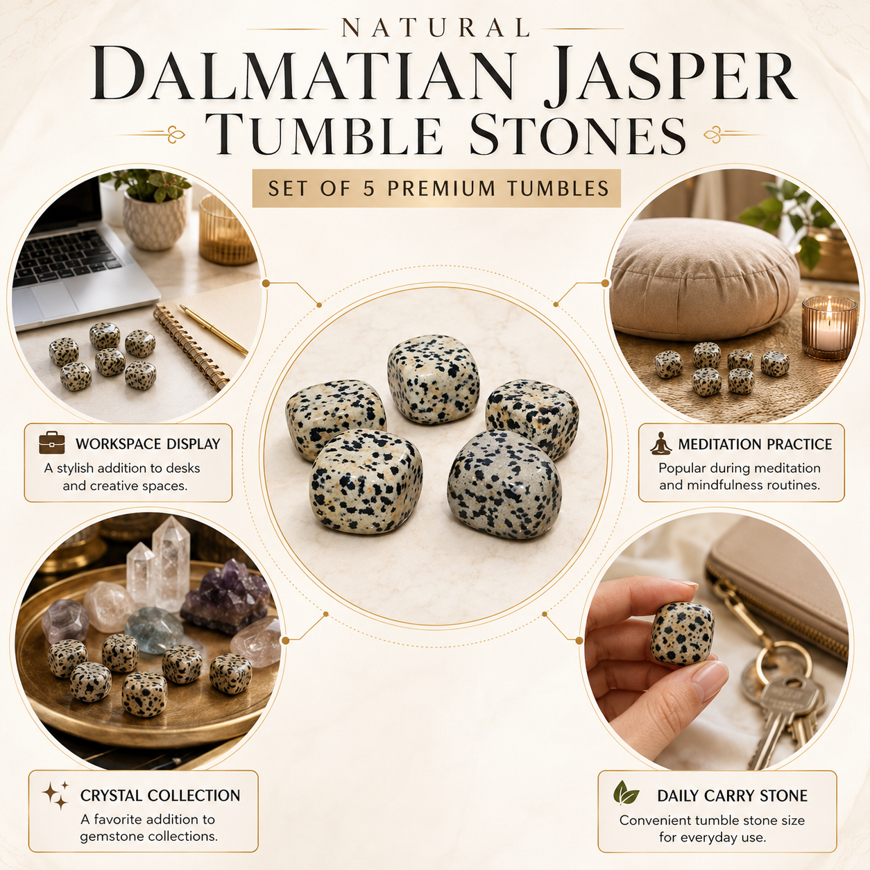 Natural Dalmatian Jasper Tumble Stones | Set of 5 Premium Dalmatian Jasper Crystal Tumbled Stones | Joy & Grounding Healing Crystals