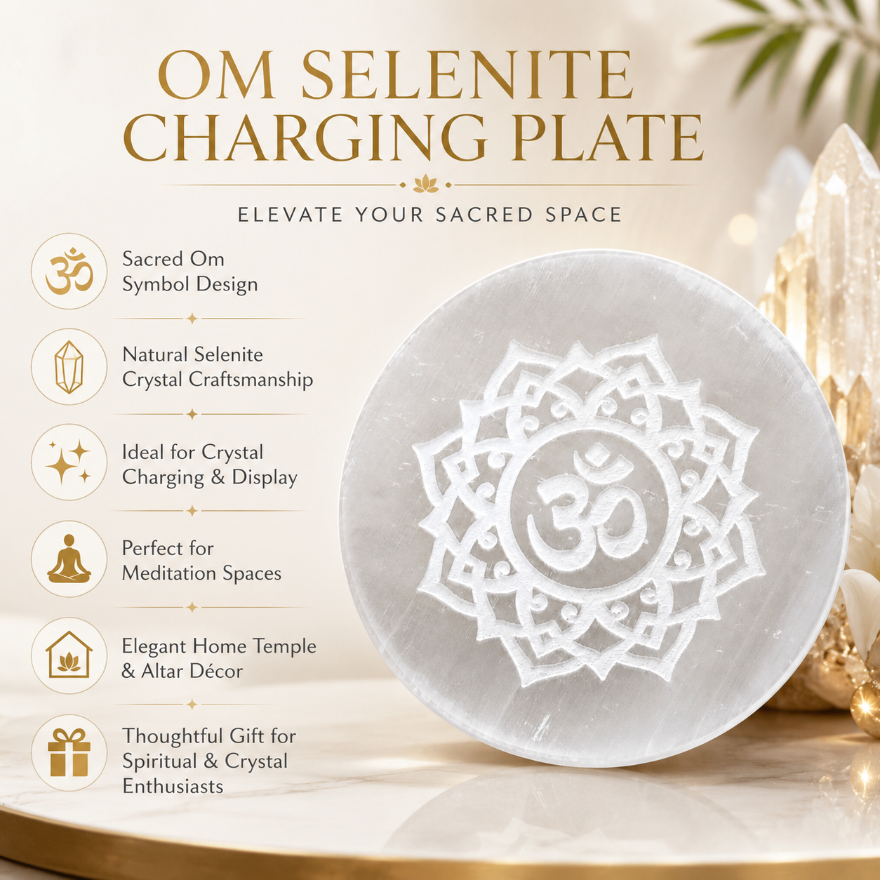 Om Selenite Charging Plate – Natural Crystal Cleansing & Charging Plate