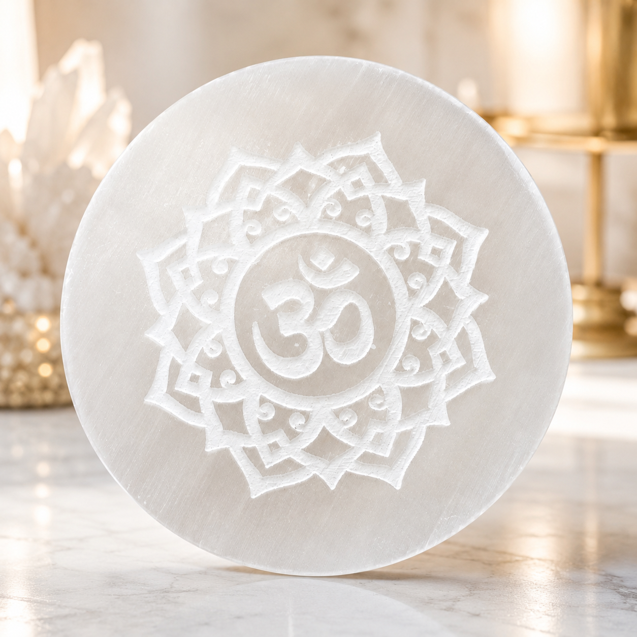 Om Selenite Charging Plate – Natural Crystal Cleansing & Charging Plate