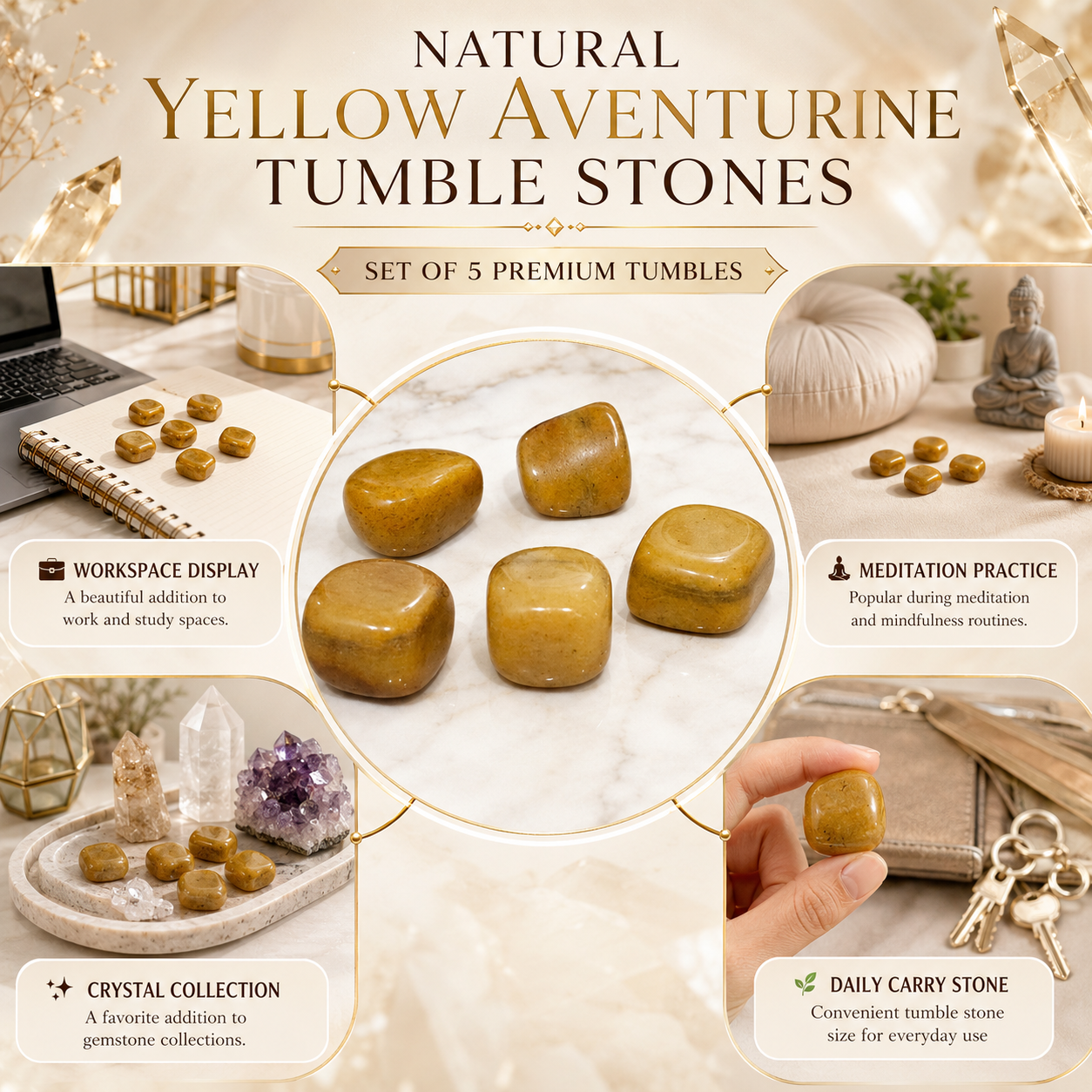 Natural Yellow Aventurine Tumble Stones | Set of 5 Premium Yellow Aventurine Crystal Tumbled Stones | Confidence, Positivity & Personal Growth Healing Crystals