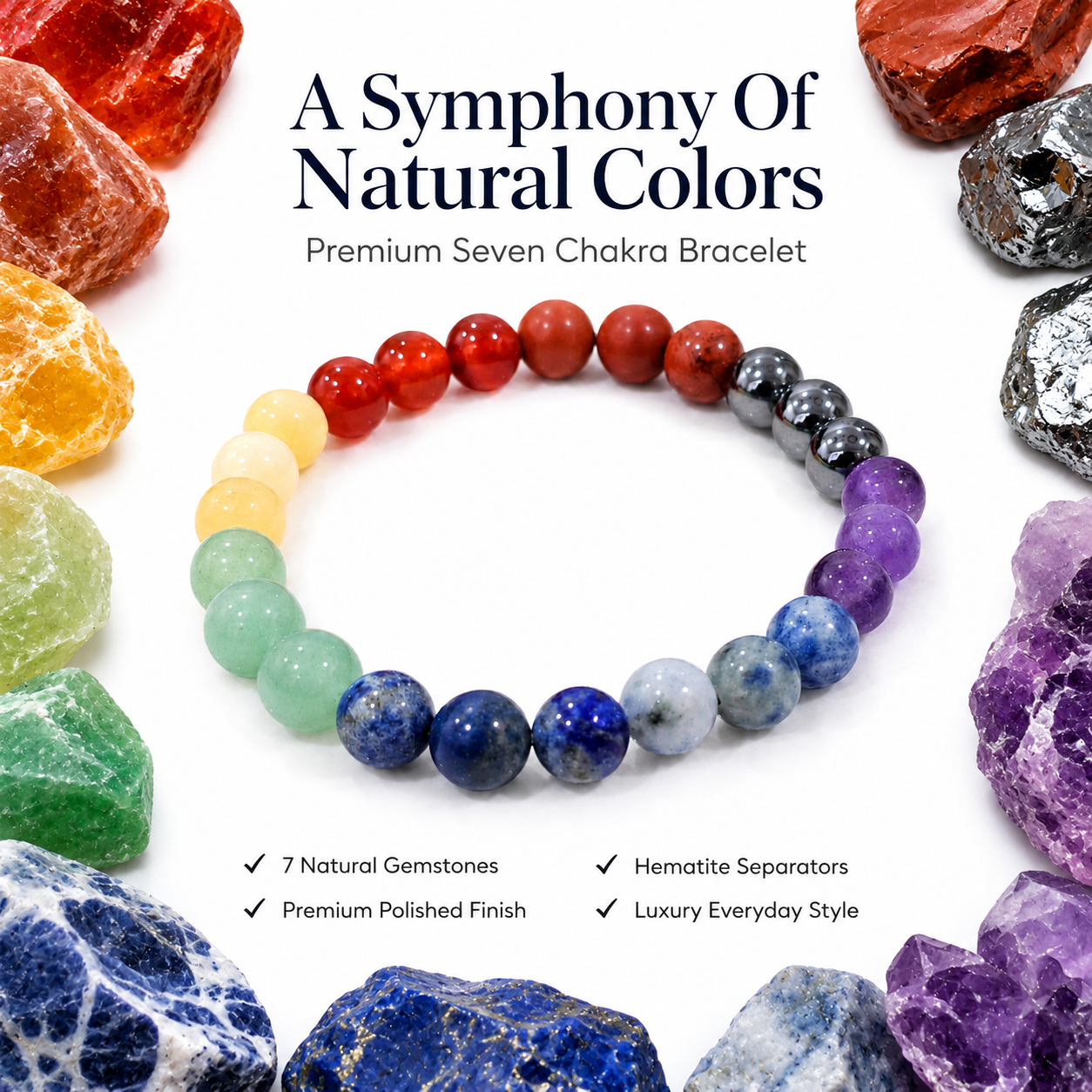 Natural Seven Chakra Bracelet 8mm | Certified Multi Gemstone Chakra Healing Bracelet
