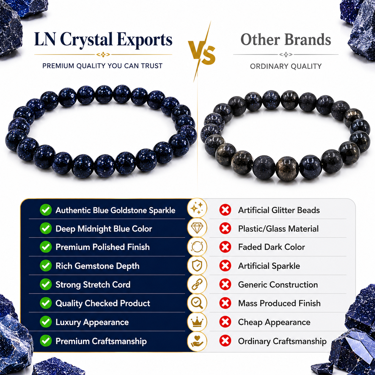 Blue Goldstone Bracelet 8mm | Certified Ambition, Confidence & Positive Energy Crystal Bracelet