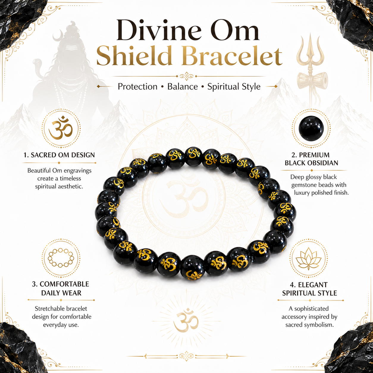Divine OM Shield Bracelet | Natural Black Obsidian Protection Bracelet with Golden OM Mantra Beads