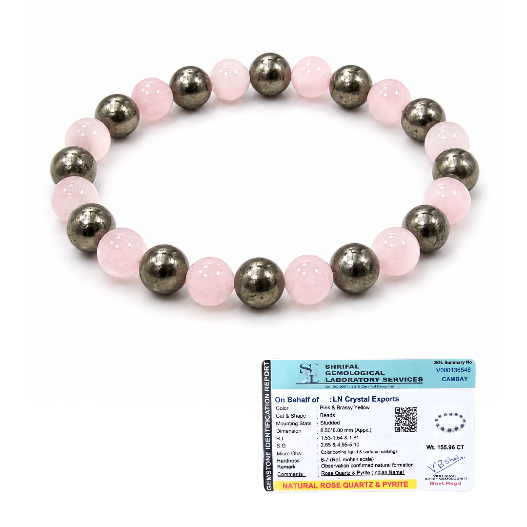 Prosperity & Love Bracelet | Natural Rose Quartz & Pyrite Crystal Bracelet 8mm