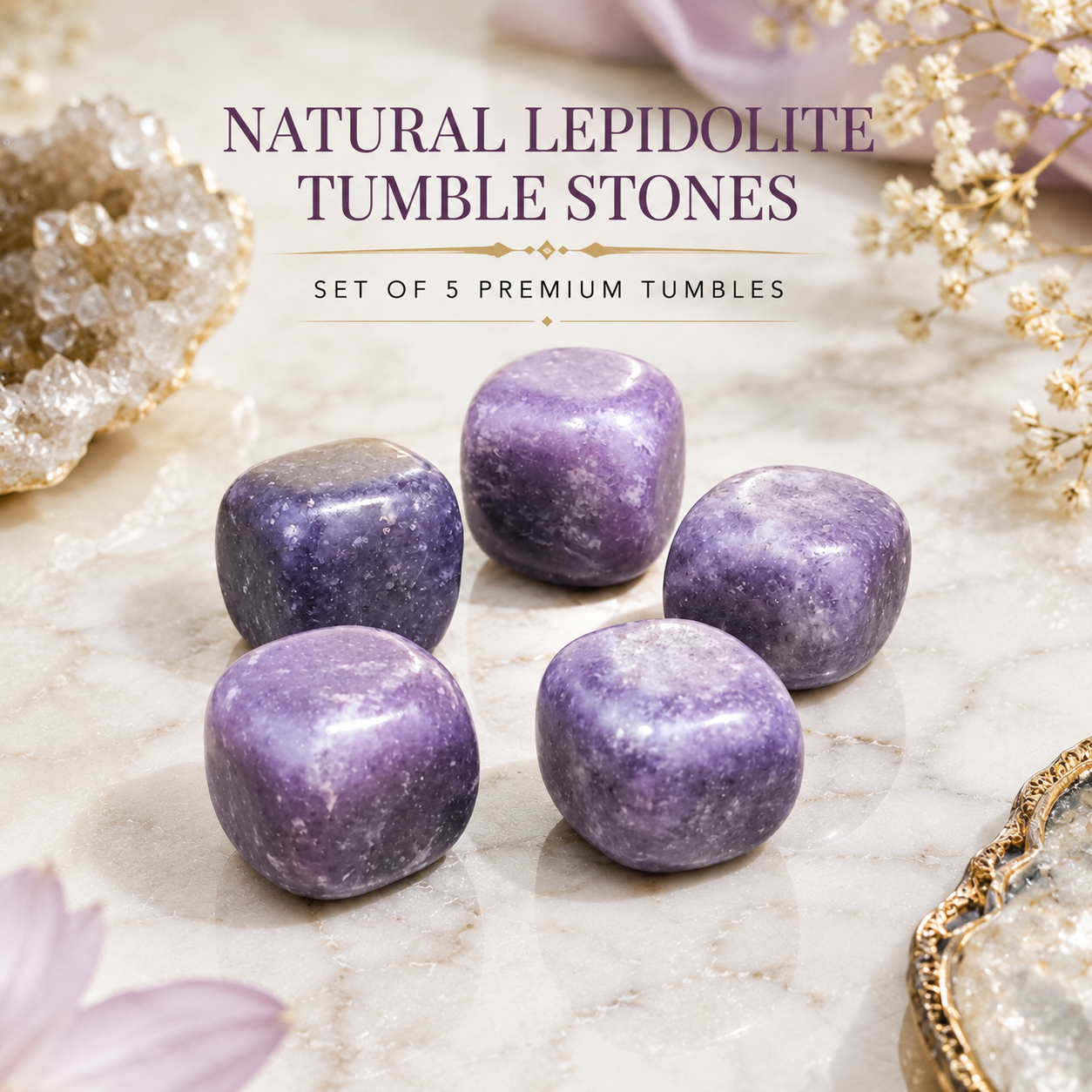 Natural Lepidolite Tumble Stones | Set of 5 Premium Lepidolite Crystal Tumbled Stones | Calmness, Emotional Balance & Meditation Healing Crystals