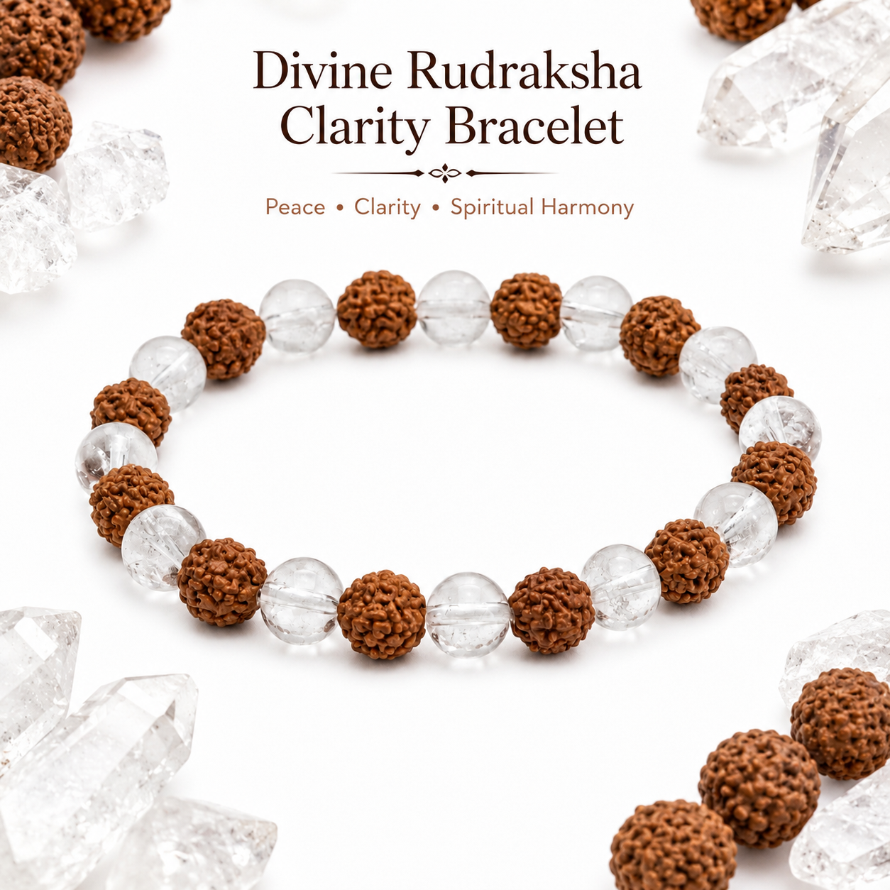Divine Rudraksha Clarity Bracelet – Natural Rudraksha & Clear Quartz Spiritual Bracelet